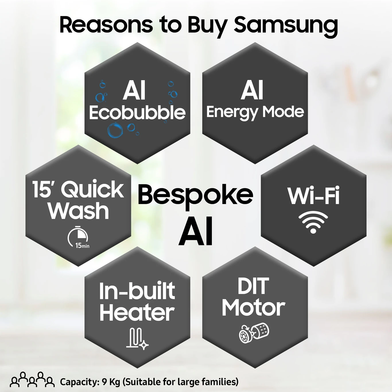 Samsung 9 kg 5 Star, AI Ecobubble, Super Speed, Wi-Fi, Hygiene Steam, Digital Inverter Motor Fully Automatic Front Load with In-built Heater Grey (WW90DG5U24AXTL) - Image 6