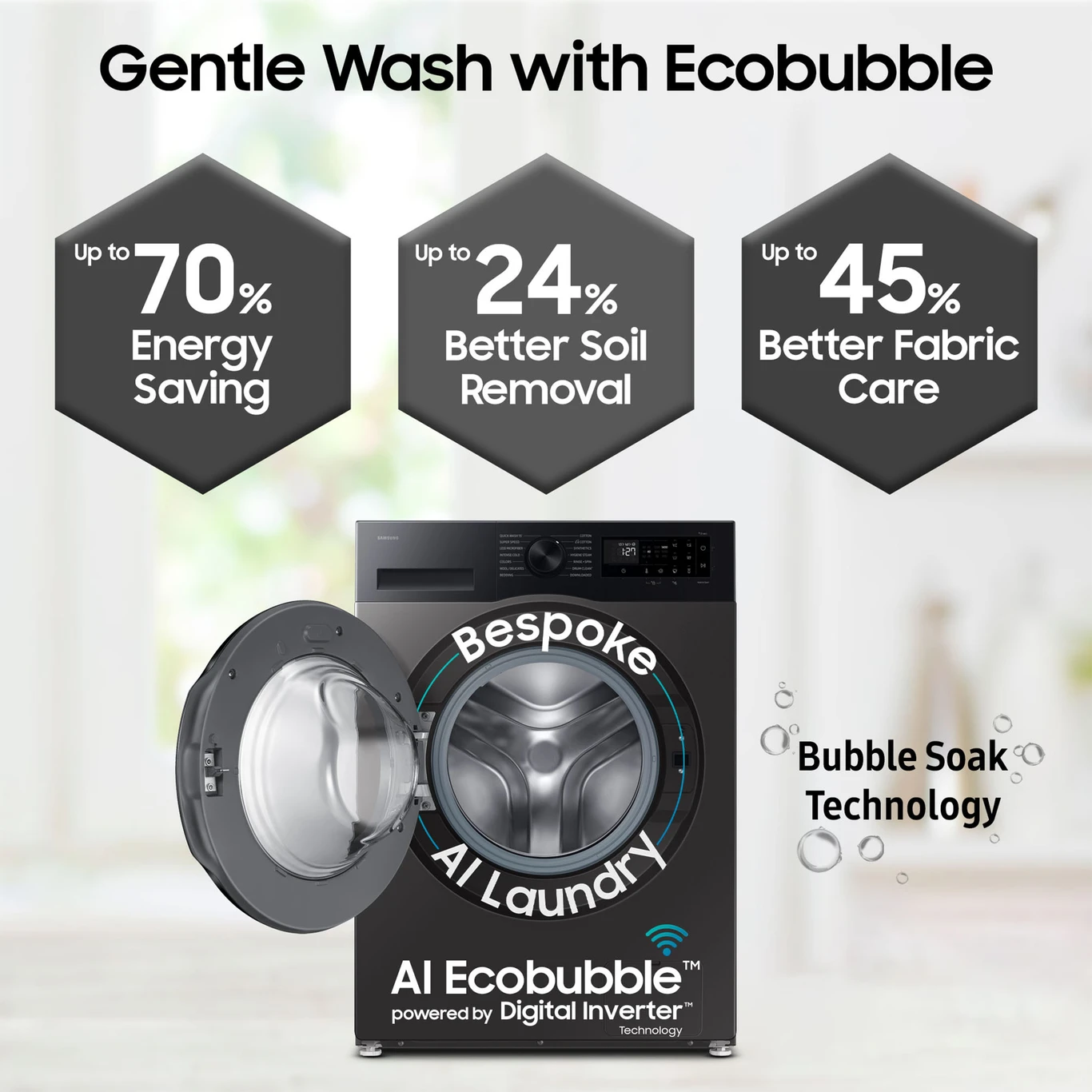 Samsung 9 kg 5 Star, AI Ecobubble, Super Speed, Wi-Fi, Hygiene Steam, Digital Inverter Motor Fully Automatic Front Load with In-built Heater Grey (WW90DG5U24AXTL) - Image 5
