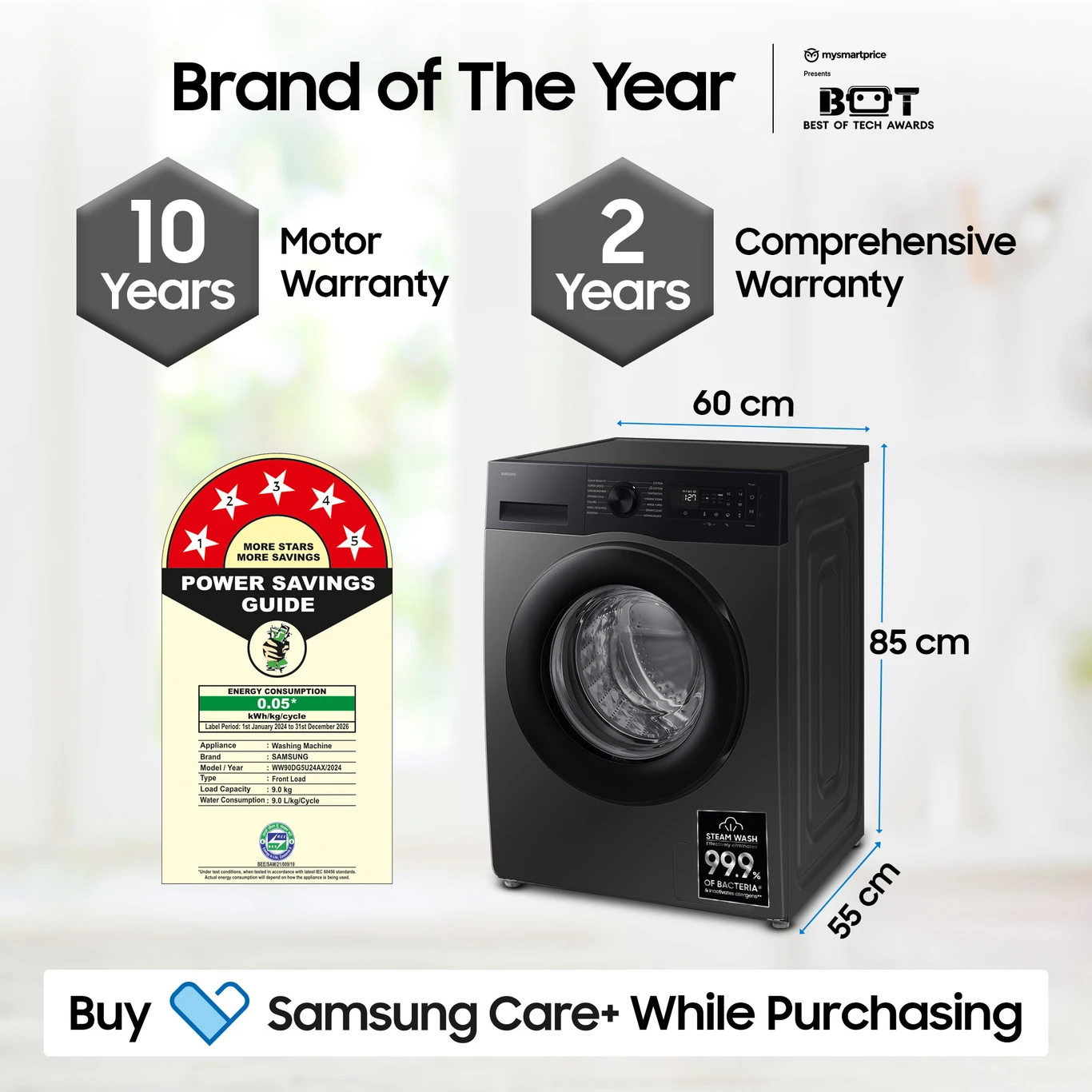 Samsung 9 kg 5 Star, AI Ecobubble, Super Speed, Wi-Fi, Hygiene Steam, Digital Inverter Motor Fully Automatic Front Load with In-built Heater Grey (WW90DG5U24AXTL) - Image 4