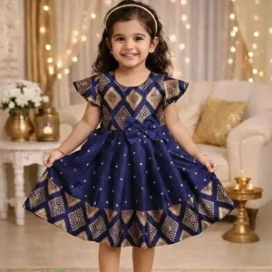 AQSADRESSES Baby Girls Midi/Knee Length Party Dress (Blue, Short Sleeve)